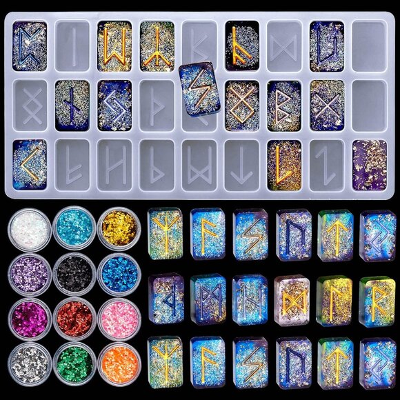 Rune Stone Resin Mold with 12 Colors Sequins Energy Symbol Silicone Mold Rune Le - Picture 1 of 6